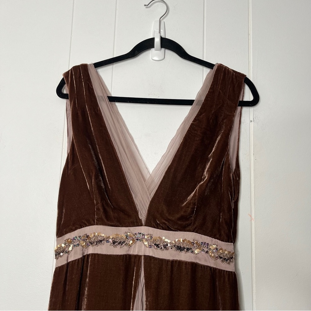Saja Silk Velvet Midi Dress Beaded and Shear Details Brown Fairy Whims Size 6 - Picture 3 of 9